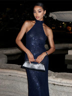 Sexy Halter Backless Long Dress Women Solid Sequin Sleeveless High Waist Slim Fit Dresses 2025 Lady Chic New Evening Party Robes