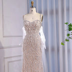 Luxury Lace Pearls Mermaid Evening Dress With Glove White Nude LA72345E