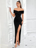 Black Off-Shoulder High Slit Maxi Dress for Evening Party Formal Occasion