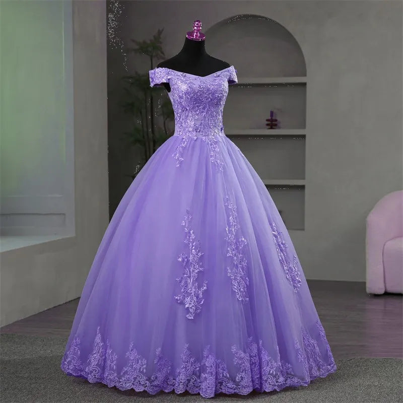 Off Shoulder Purple Quinceanera Dresses Sweet Flower Party Dress Luxury Appliques Ball Gown Real Photo Prom Dress Boho Vestidos