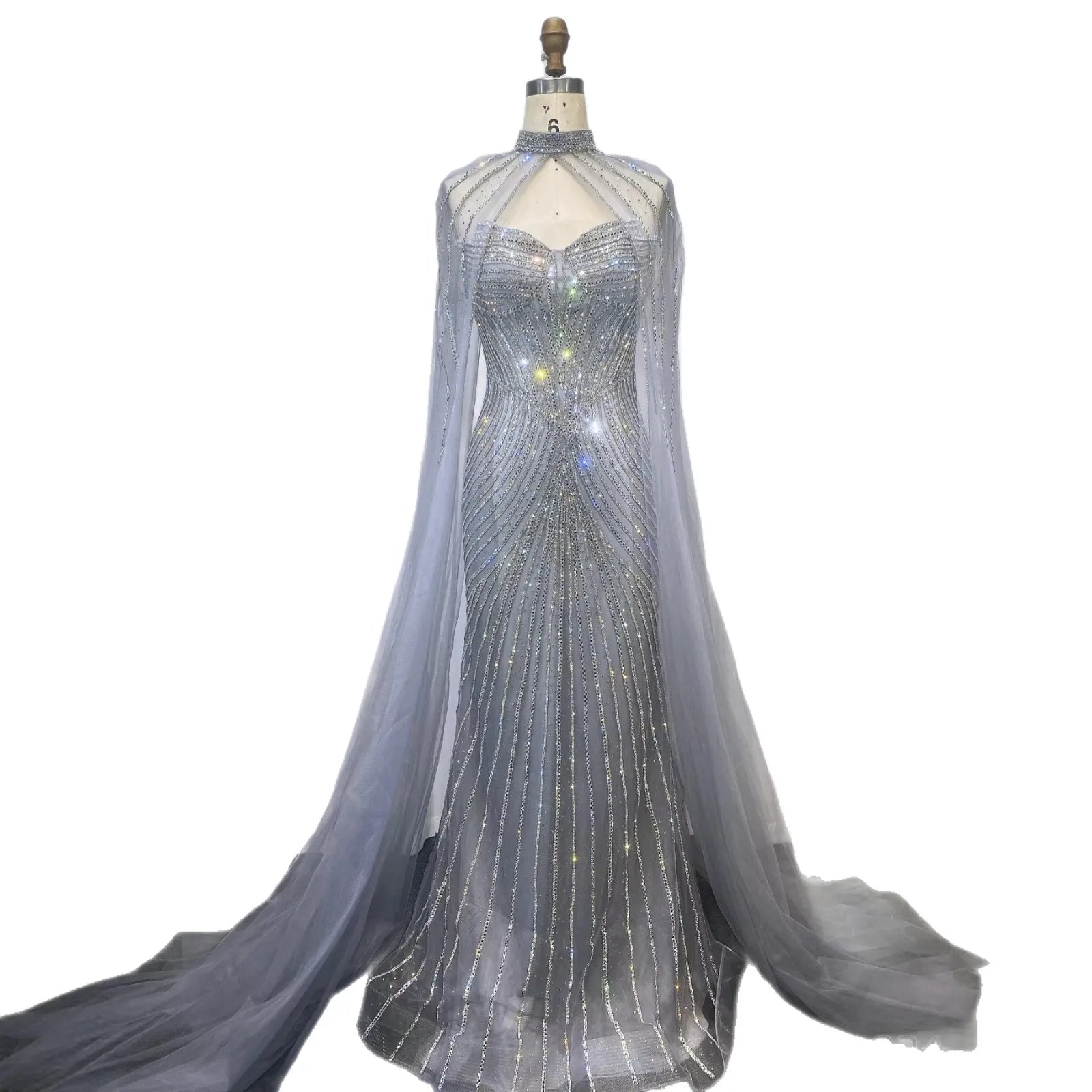 Luxury Nude Mermaid Evening Dress with Cape Sleeves LA73118