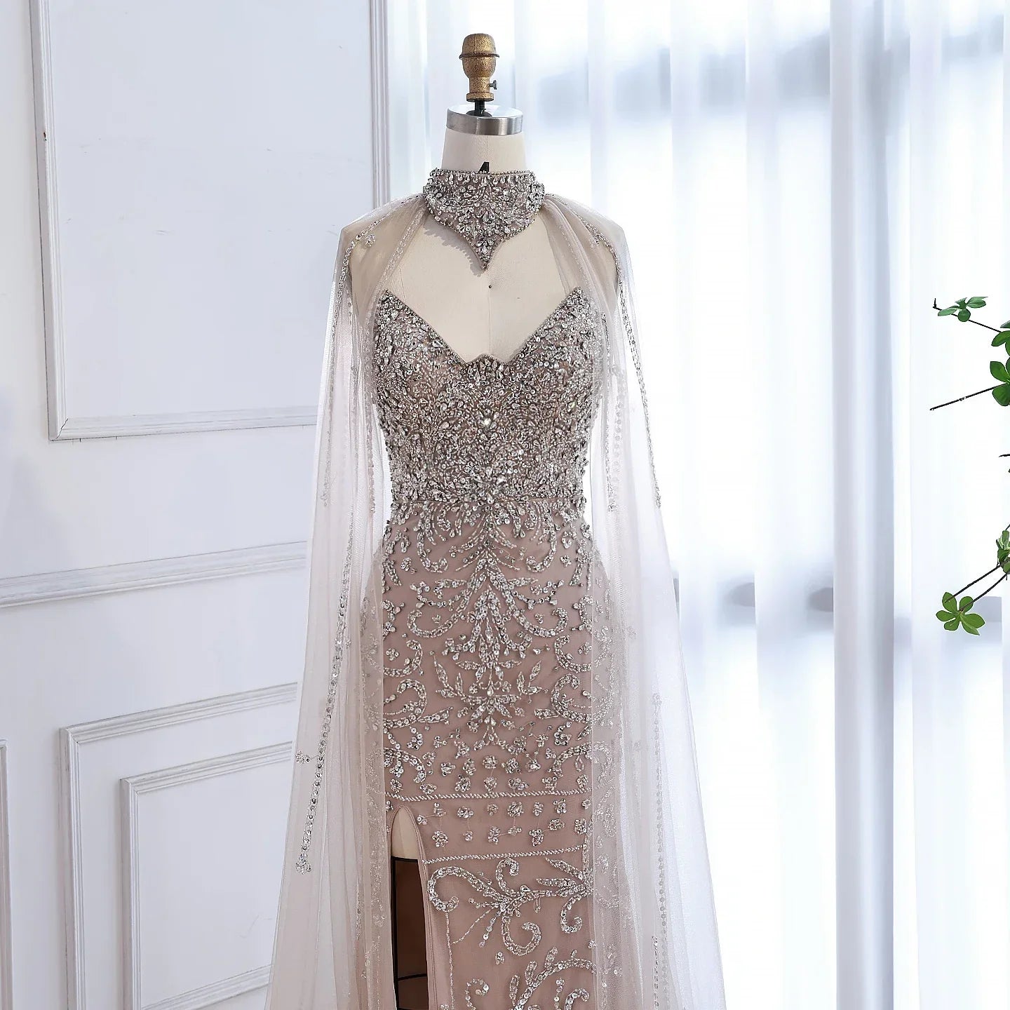 Luxury Sexy Split Evening Dress With Cape Nude LA73339