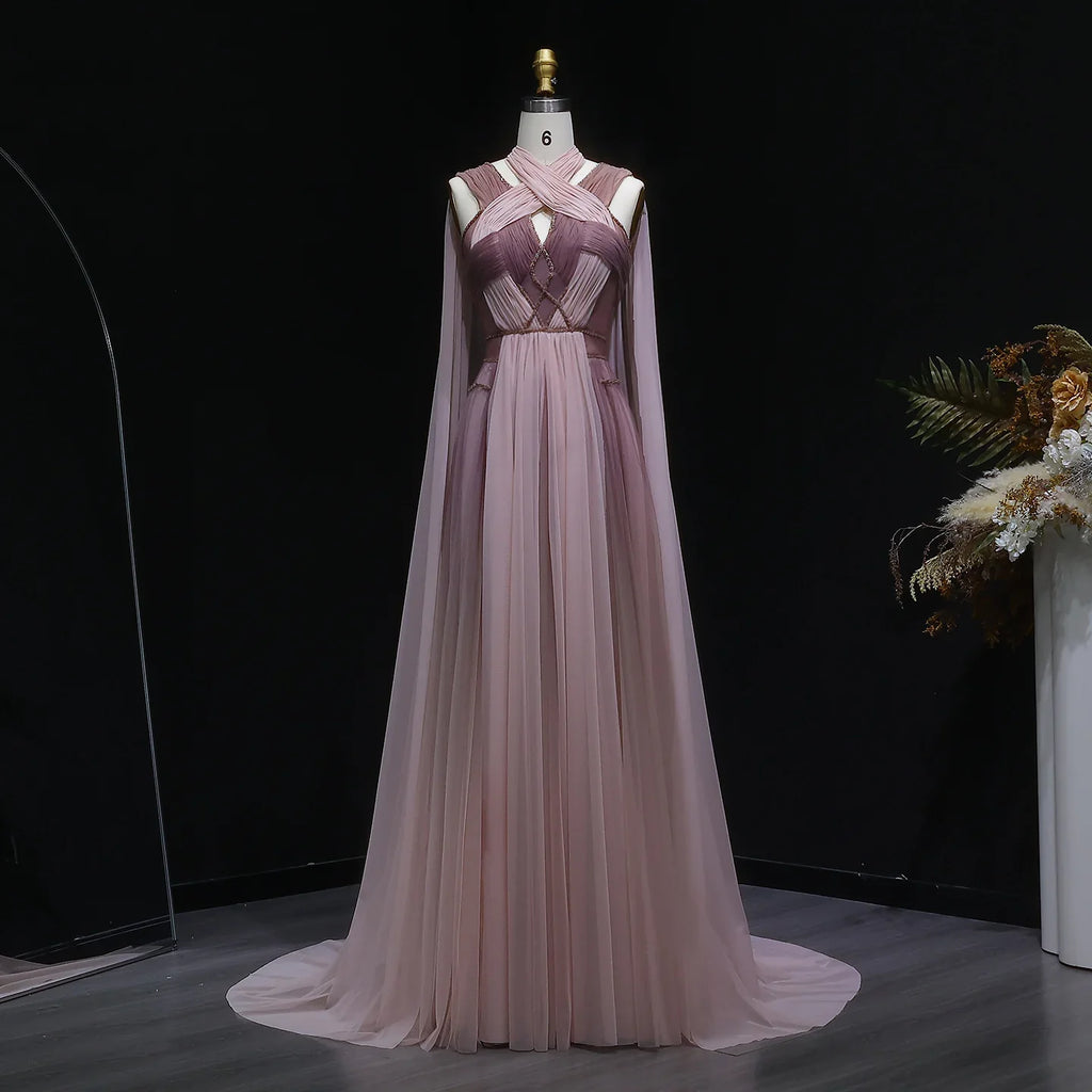 Sharon Said Ombre Pink Elegant Evening Dress with Cape Sleeve Criss Cross Halter Backless Women's Party Gowns SS309 Customized