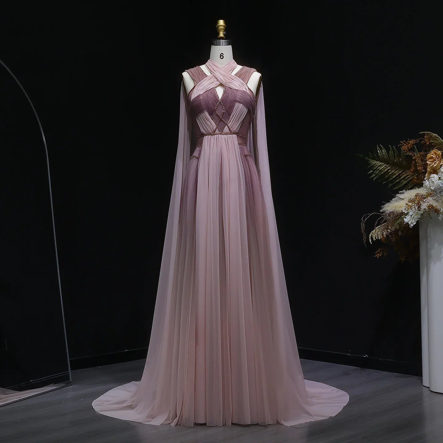 Sharon Said Ombre Pink Elegant Evening Dress with Cape Sleeve Criss Cross Halter Backless Women's Party Gowns SS309 Customized
