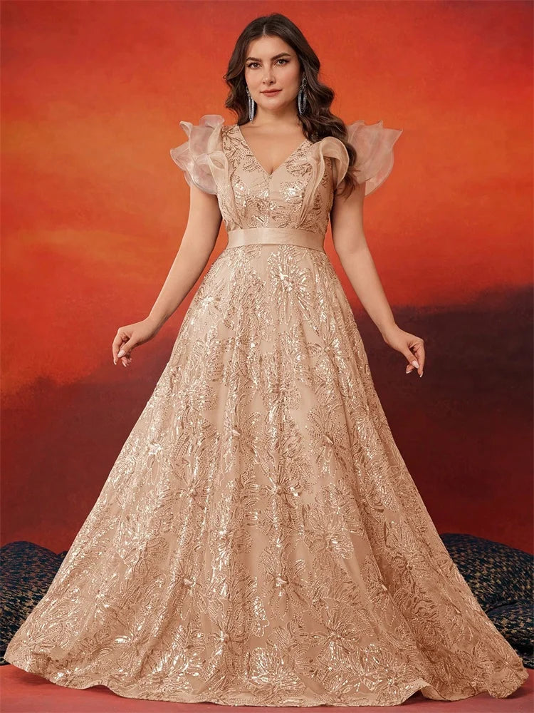 BLUEPLUM Plus Size Luxury V-Neck Grey Sequins Evening Dress Women Elegant V-back Wedding Party Long Prom Cocktail Dress Gowns