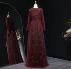 Contessa Custom formal gown elegant beaded tulle evening dress long sleeve boat neck floor length A line glam sparkly prom party