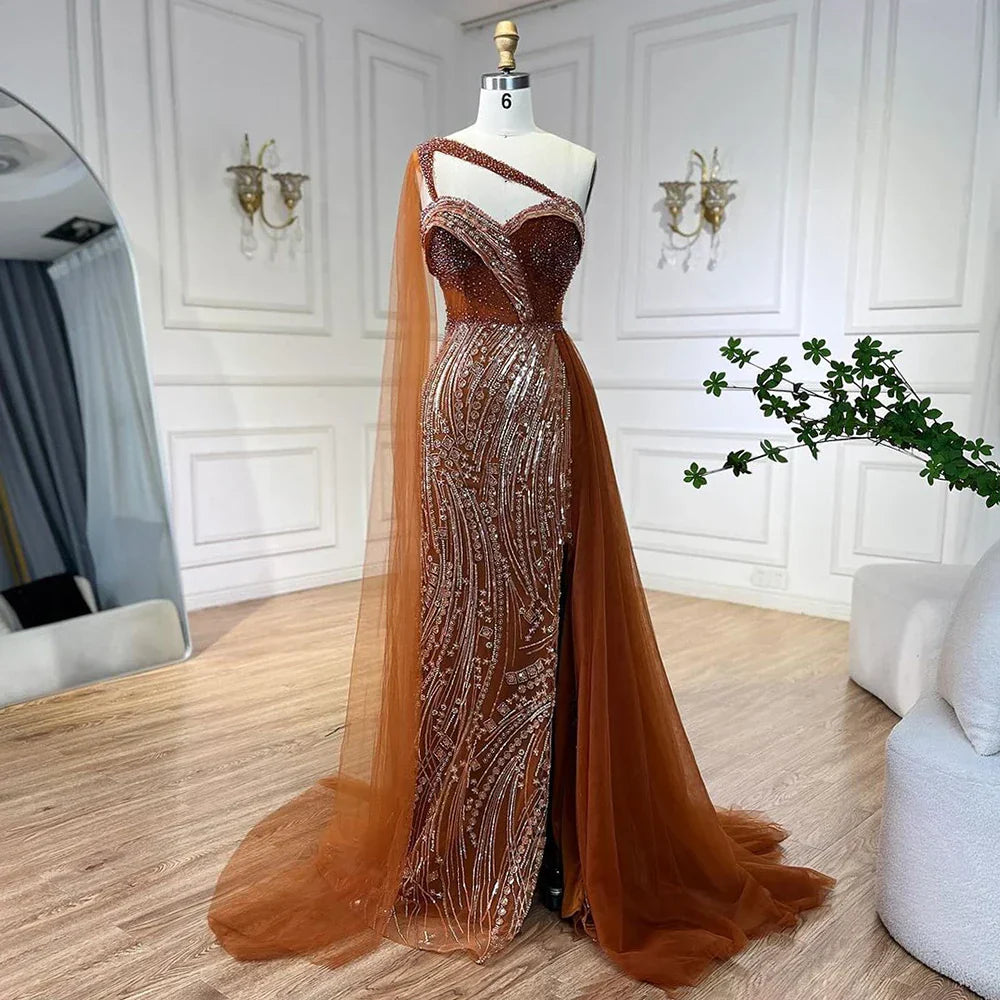 Luxury Green One Shoulder Mermaid Evening Dress with Cape LA72472