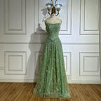 Luxury Sage Green Beaded A-Line Spaghetti Strap Evening Dress LA72805