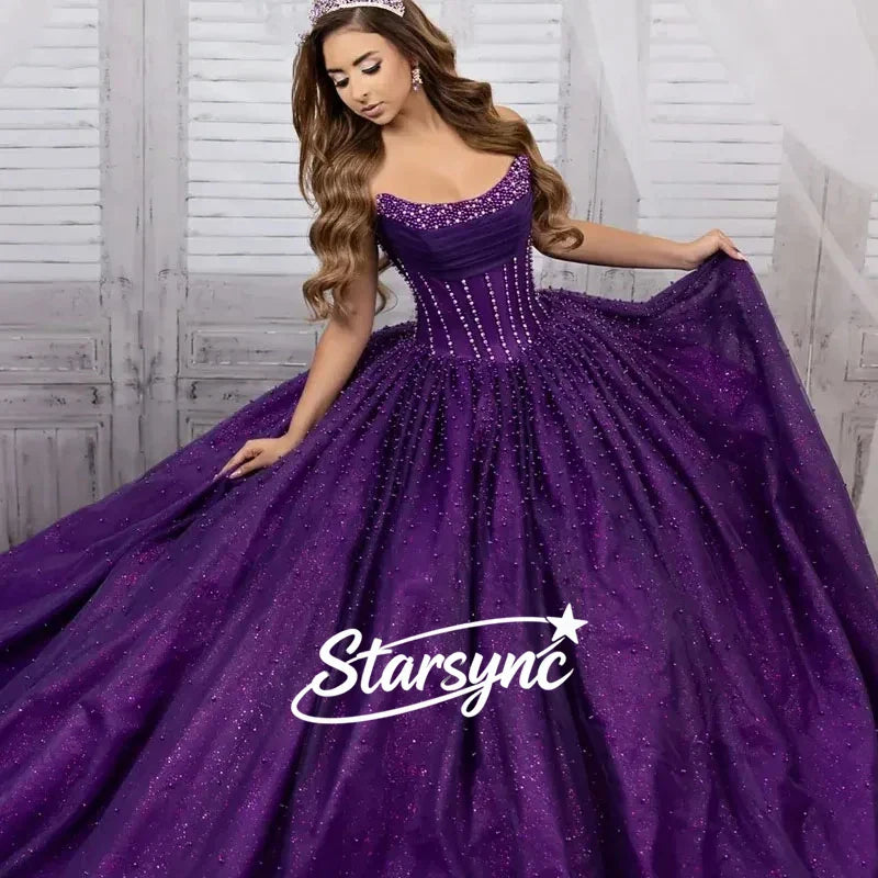 Starsync Customized Bright Quinceanera Dress Luxuly Pearl Sparkle bead Strapless shawl skirt Detachable bow sleeves Vestidos