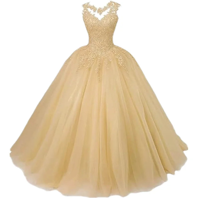 Customized Women's Beaded Lace Appliques Prom Dress Long Ball Gown Quinceanera Dresses Tulle Formal Sweet 16 Dress for Teens