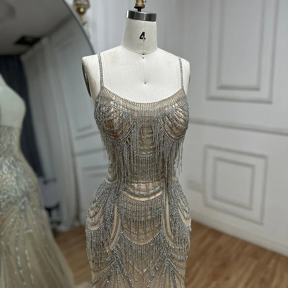 Luxury Nude Pink Crystal Tassel Mermaid Evening Dress LA72772