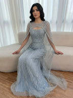 Luxury Blue Diamond Evening Dress With Cape LA73426
