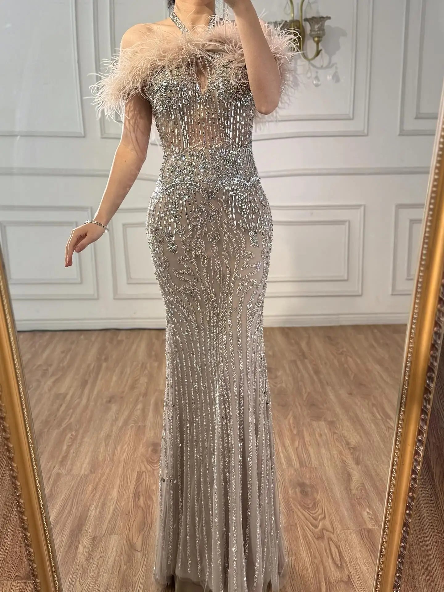 Luxury Nude Halter Feather Crystal Evening Dress LA73349