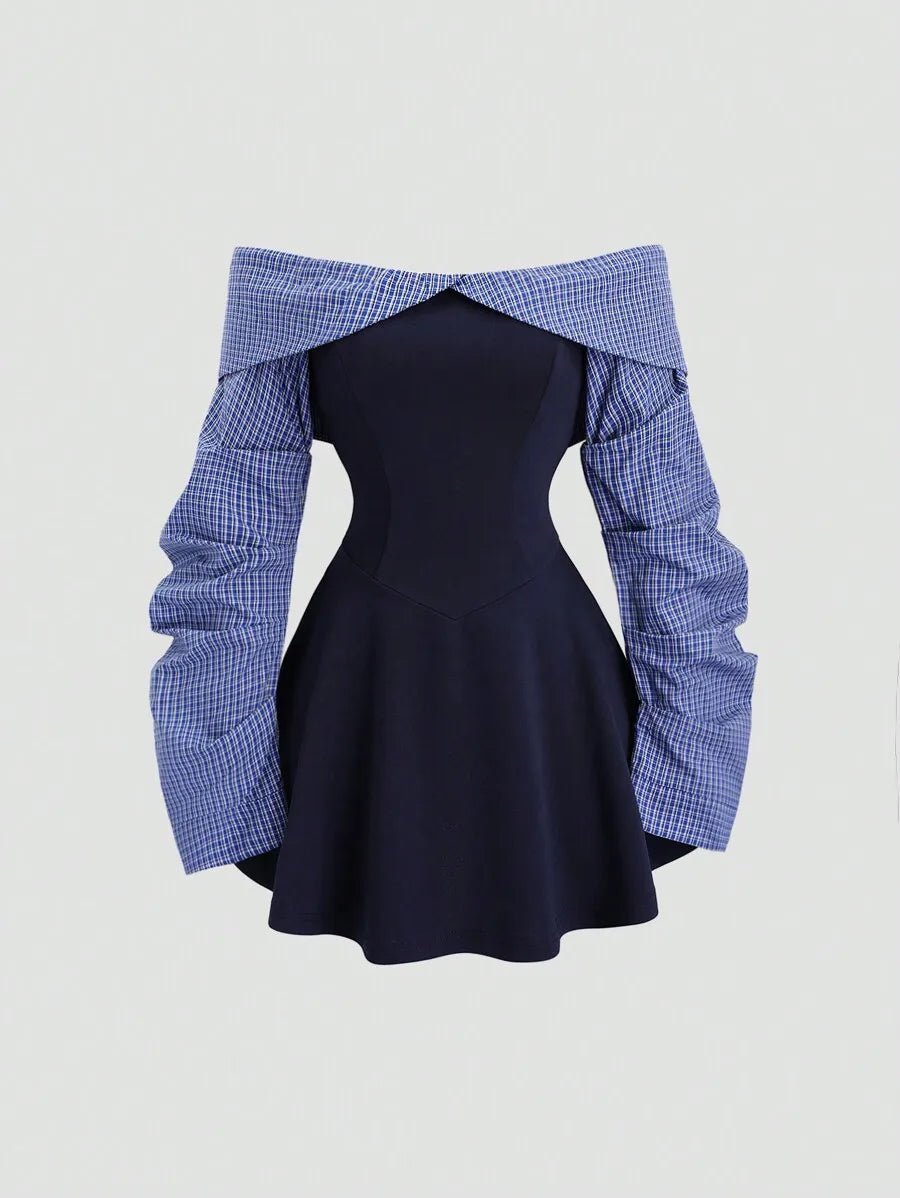 Women's Autumn/Winter Collegiate Style Minimalist Bardot Ruched Waist Contrast Color Mini Dress, Figure-Flattering