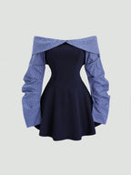 Women's Autumn/Winter Collegiate Style Minimalist Bardot Ruched Waist Contrast Color Mini Dress, Figure-Flattering