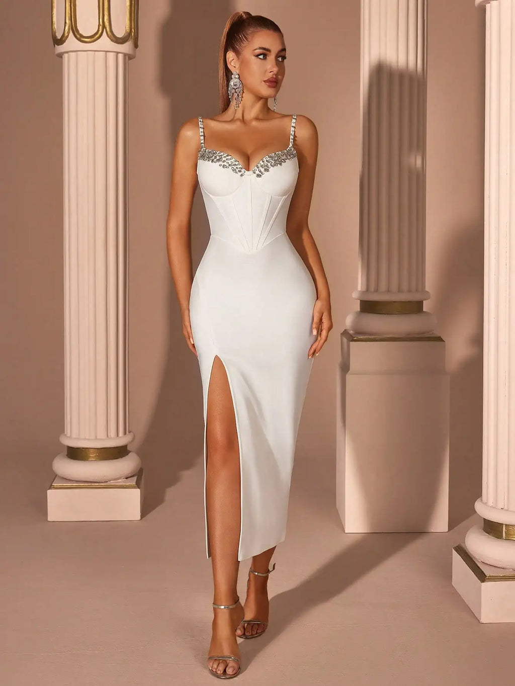 Yellow Spaghetti Strap Corset Bandage Dress with Crystal Embellishment and High Slit
