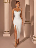 Yellow Spaghetti Strap Corset Bandage Dress with Crystal Embellishment and High Slit