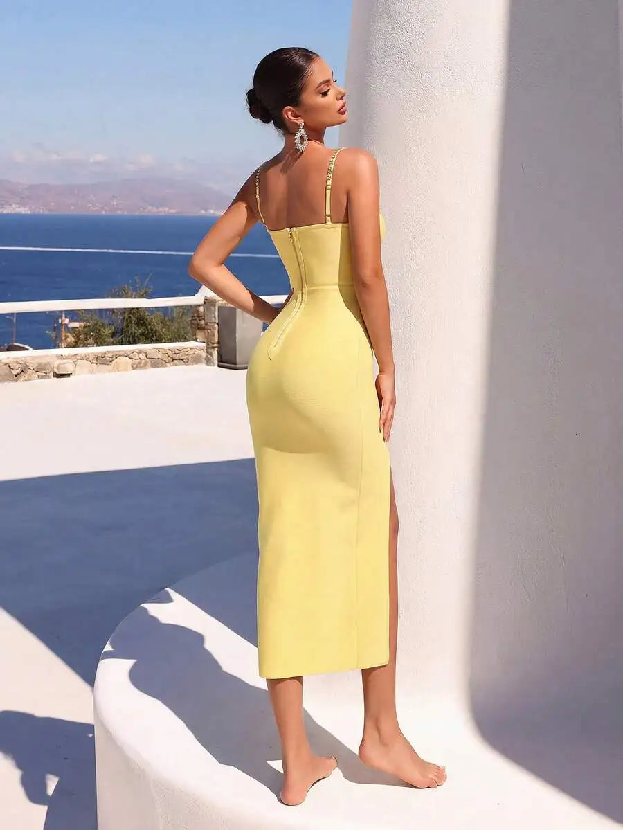 Yellow Spaghetti Strap Corset Bandage Dress with Crystal Embellishment and High Slit