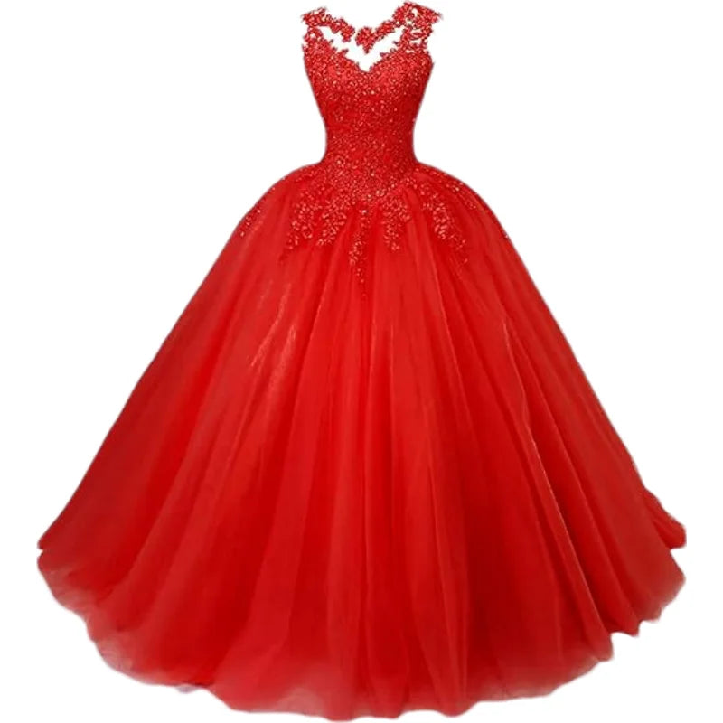 Customized Women's Beaded Lace Appliques Prom Dress Long Ball Gown Quinceanera Dresses Tulle Formal Sweet 16 Dress for Teens
