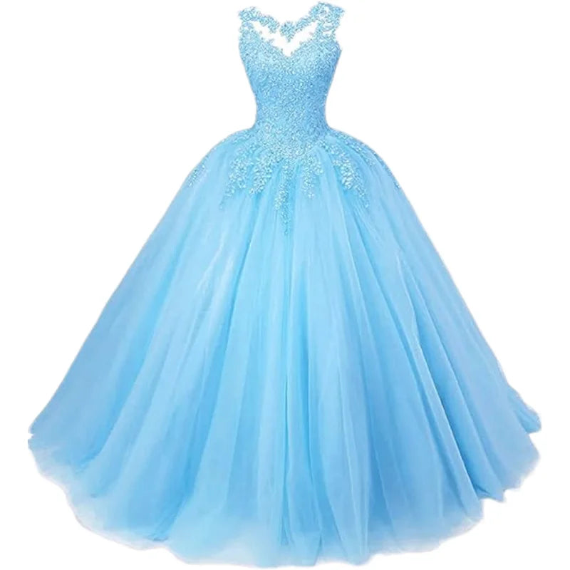 Customized Women's Beaded Lace Appliques Prom Dress Long Ball Gown Quinceanera Dresses Tulle Formal Sweet 16 Dress for Teens