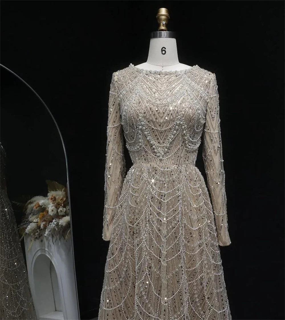 Contessa Custom formal gown elegant beaded tulle evening dress long sleeve boat neck floor length A line glam sparkly prom party