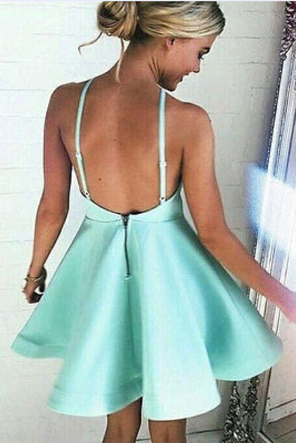 Halter Neckline A-Line Backless Satin Homecoming Dresses Short Prom Dress