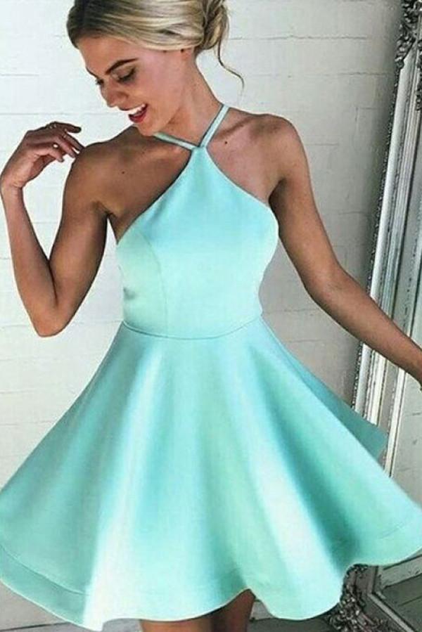 Halter Neckline A-Line Backless Satin Homecoming Dresses Short Prom Dress