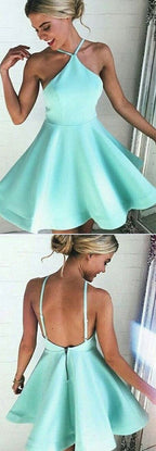 Halter Neckline A-Line Backless Satin Homecoming Dresses Short Prom Dress