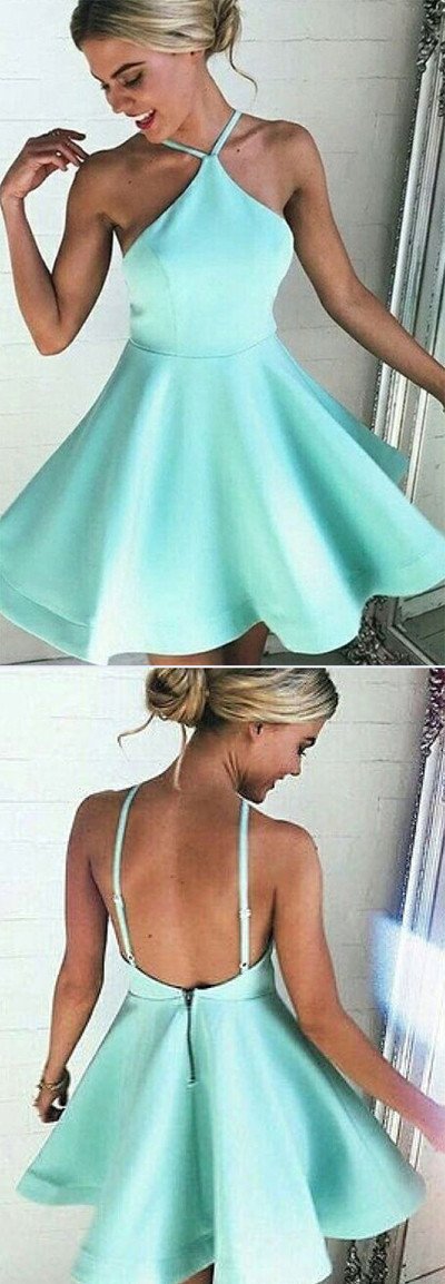Halter Neckline A-Line Backless Satin Homecoming Dresses Short Prom Dress
