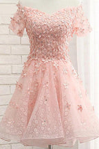 Pink Tulle Off Shoulder Floral Homecoming Dresses with Appliques
