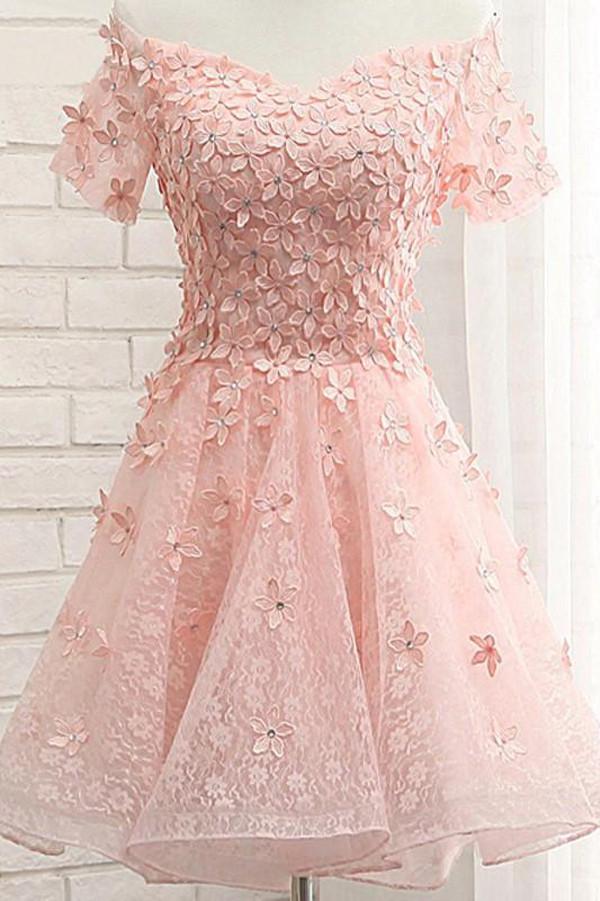 Pink Tulle Off Shoulder Floral Homecoming Dresses with Appliques