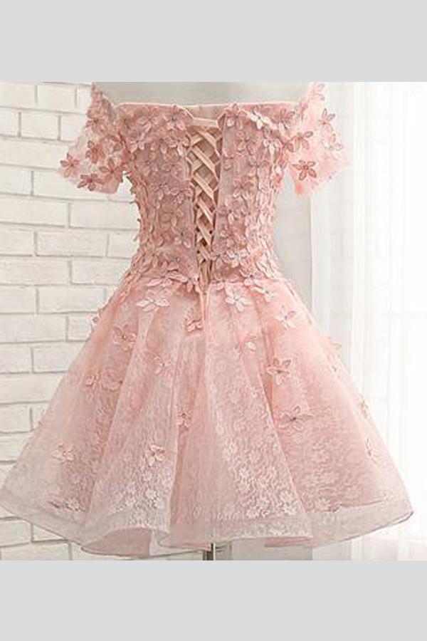 Pink Tulle Off Shoulder Floral Homecoming Dresses with Appliques