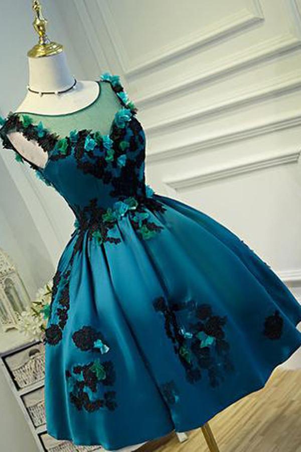 Satin Deep Green Vintage Sheer Appliques Homecoming Dresses Party Dress