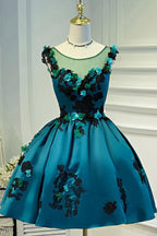 Satin Deep Green Vintage Sheer Appliques Homecoming Dresses Party Dress