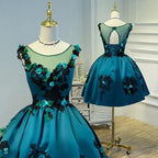 Satin Deep Green Vintage Sheer Appliques Homecoming Dresses Party Dress