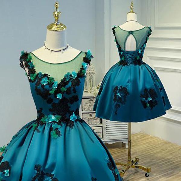 Satin Deep Green Vintage Sheer Appliques Homecoming Dresses Party Dress