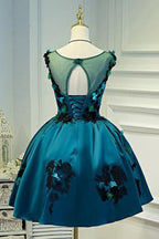 Satin Deep Green Vintage Sheer Appliques Homecoming Dresses Party Dress