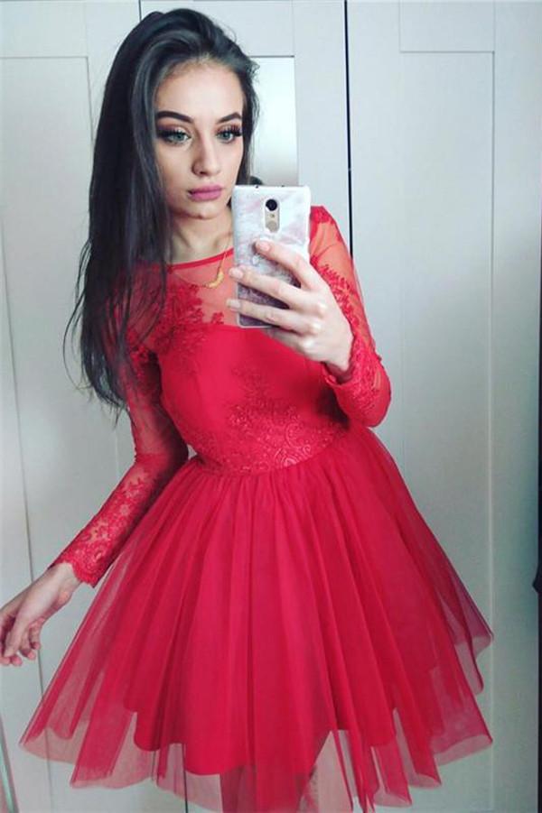 Red Tulle Floral Long Sleeves Sheer Homecoming Dresses with Appliques