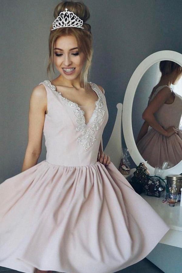 Simple Satin Deep V Neck Sleeveless Homecoming Dresses with Appliques