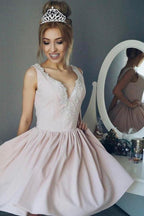 Simple Satin Deep V Neck Sleeveless Homecoming Dresses with Appliques