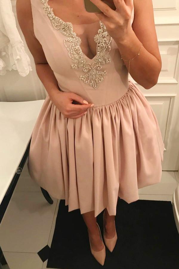Simple Satin Deep V Neck Sleeveless Homecoming Dresses with Appliques