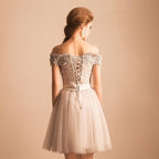 Off The Shoulder Tulle Short Prom Dress, Appliques Scoop Homecoming Dresses