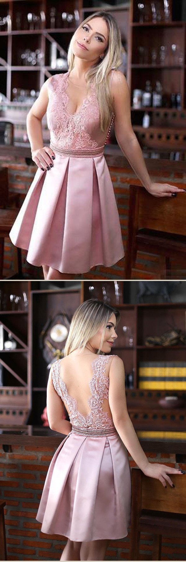 Charming Pink V Neck Short Prom Dresses, Appliques Homecoming Dress