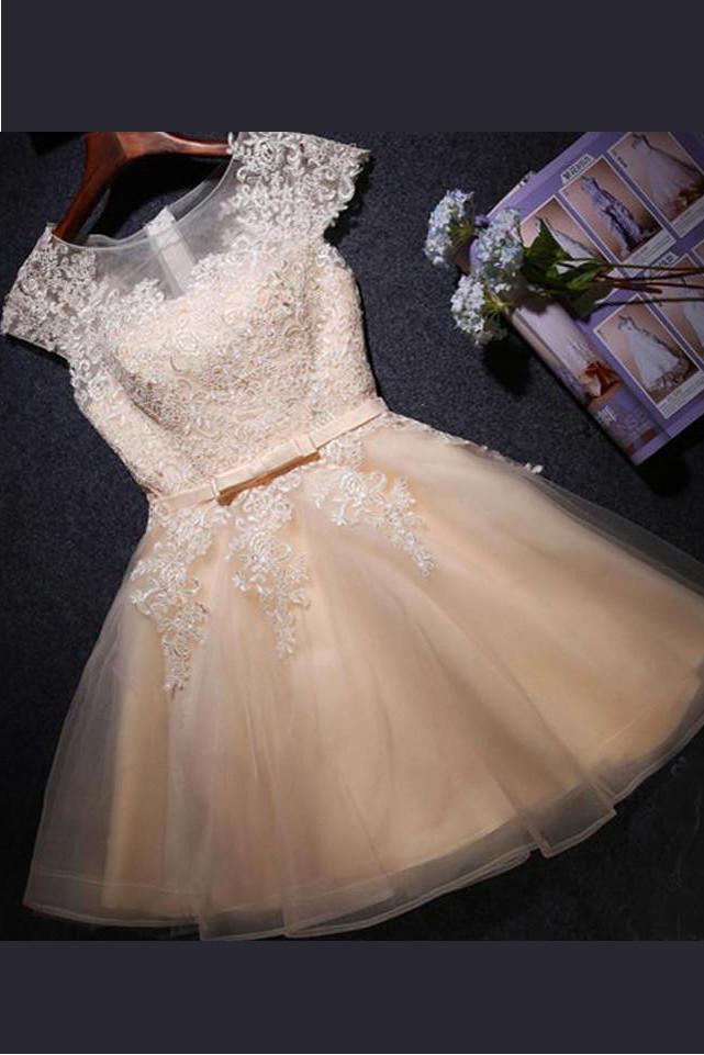 Sheer Capped Sleeve Short Prom Dress, Lace Up Appliques Homecoming Dress