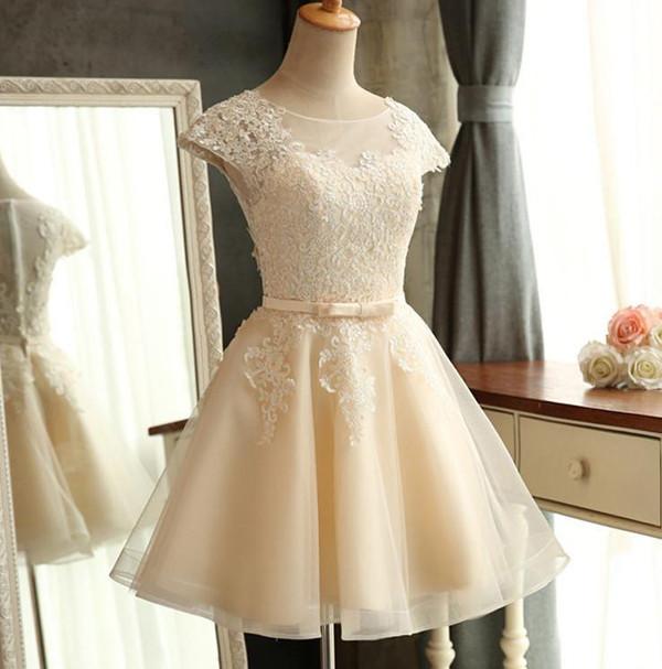 Sheer Capped Sleeve Short Prom Dress, Lace Up Appliques Homecoming Dress