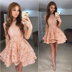 Coral Lace Puffy Appliques Short Prom Dress,Tiered Homecoming Dress