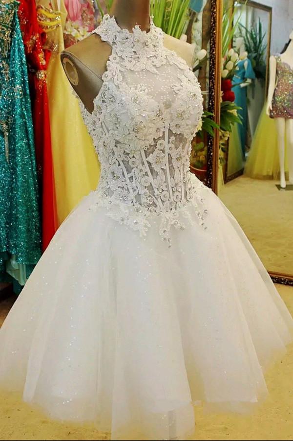 White Tulle Halter Sequins Lace Homecoming Dresses with Appliques