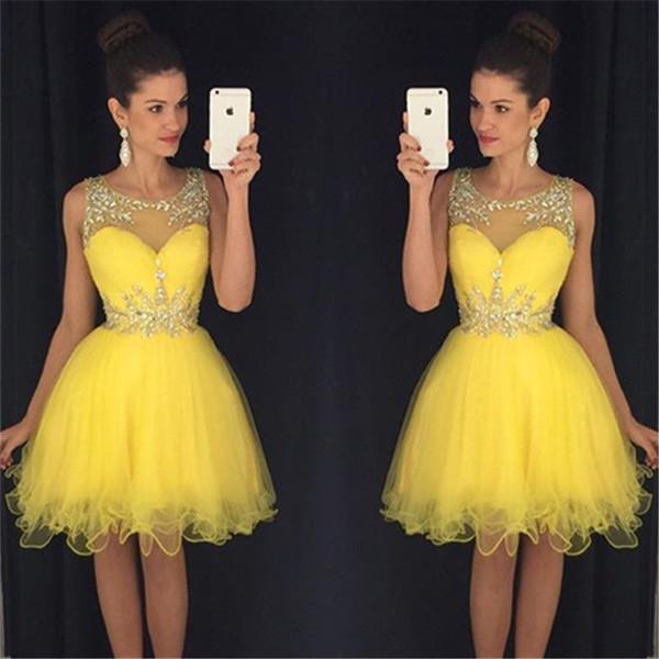 Yellow Tulle See Through Sweetheart Sequins Layers Homecoming Dresses, MH380