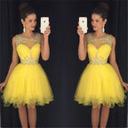 Yellow Tulle See Through Sweetheart Sequins Layers Homecoming Dresses, MH380