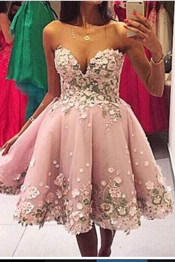 Pink A Line Appliques Sweetheart Strapless Homecoming Dresses, Short Prom Dress